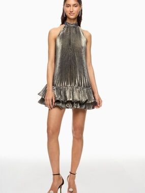 L'IDEE Soleil Mini Dress Black Gold Halter Ruffle Flounce Metallic - US Size 6